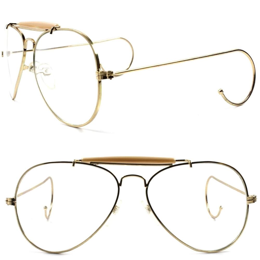 Gold Vintage Retro 80's Aviation Style Flexible Ear Loop Wrap Clear lens glasses